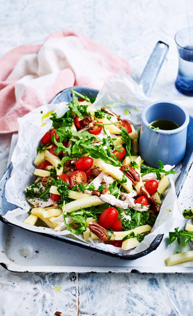 Pastinaken-"Penne" mit Hähnchen und Rucola