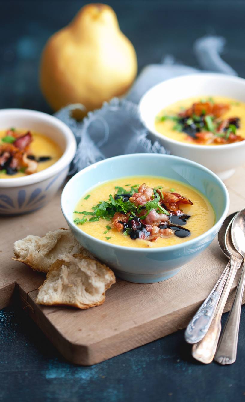 Quittensuppe mit Pastinaken angerichtet in drei Suppentellern getoppt von Speckstreifen und Balsamicoessig