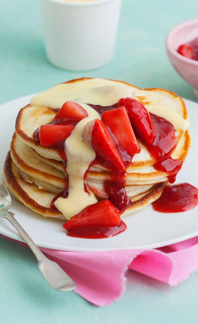 Pfannkuchen gestapelt auf einem Teller getoppt von frischen Erdbeeren und einer cremigen Sauce aus Holunderblütensirup