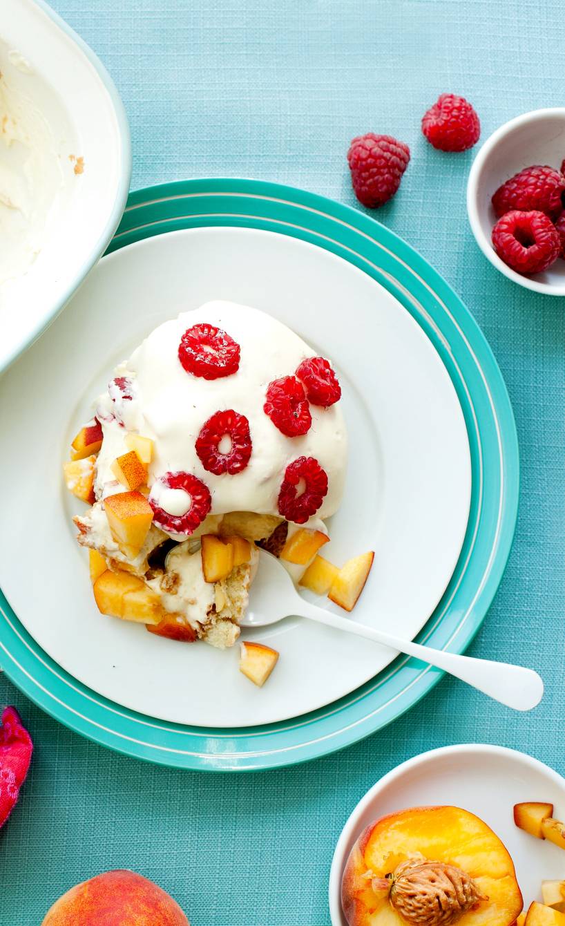 Pfirsichtiramisu mit Himbeeren