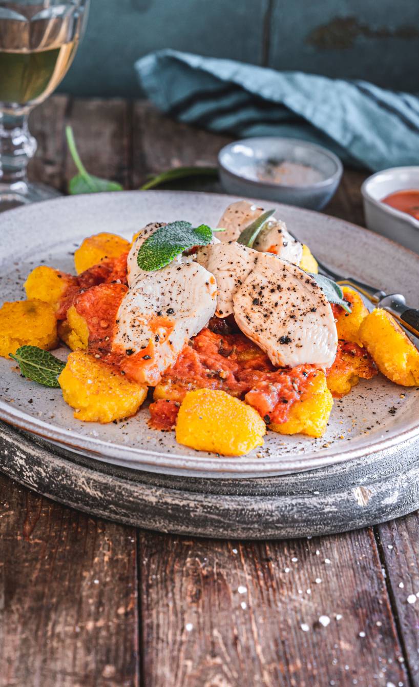 Selbstgemachte Polenta-Gnocchi mit gebratenem Hähnchenbrustfilet getoppt von Tomaten-Gorgonzola-Soße auf einem Teller