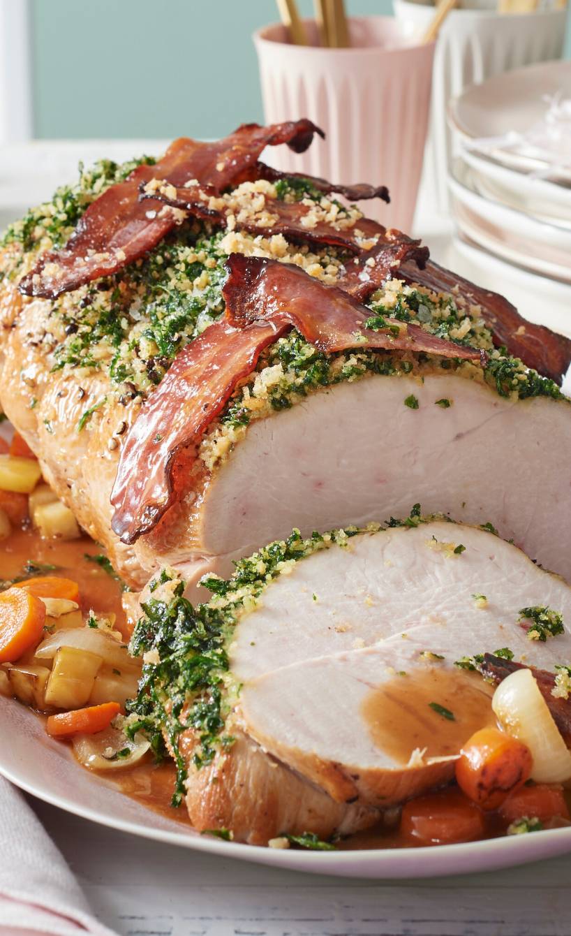 Putenbraten mit Kräuterkruste und Pancetta auf einer Platte