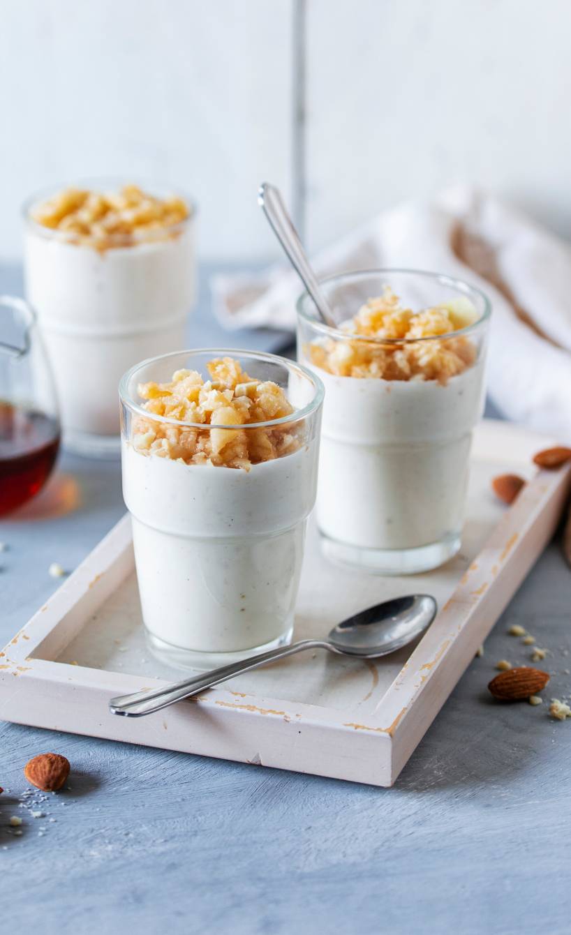 Quarkspeise in drei Gläsern mit Apfel-Mandel-Topping auf einem Tisch, daneben ein Glas Amaretto