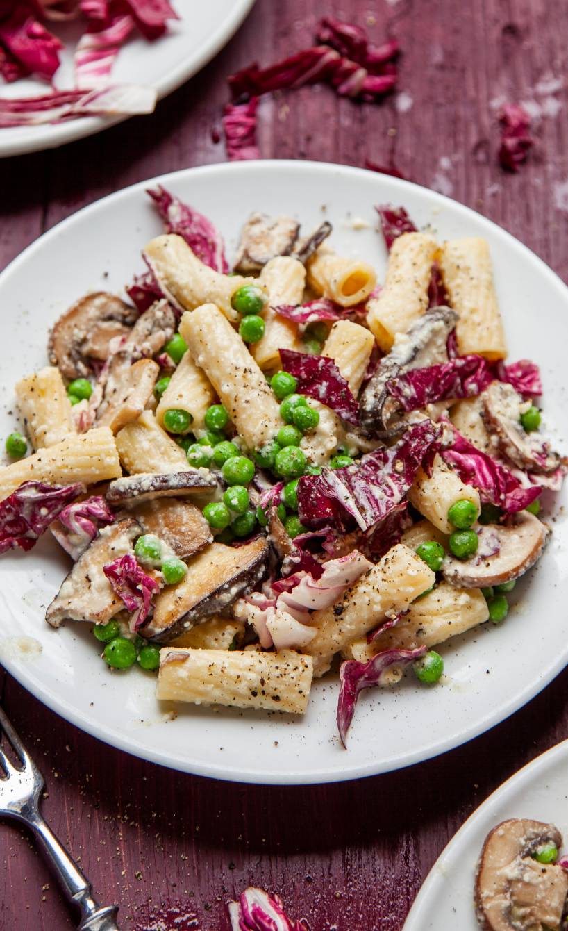 Rigatoni in Sahnesoße mit Erbsen, Radicchio und zwei Sorten Pilzen angerichtet auf einem Teller