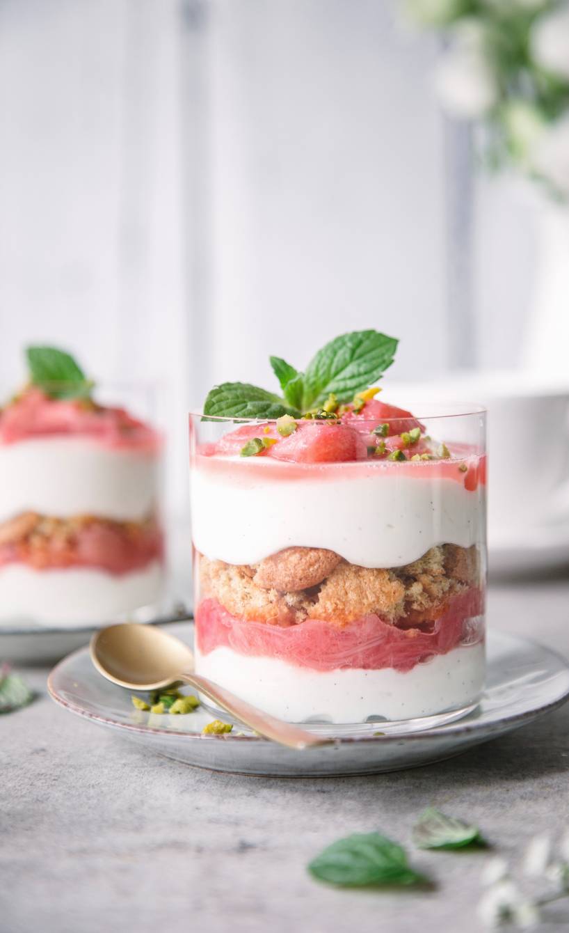 Rhabarber-Tiramisu mit Biskuit in zwei Dessertgläser geschichtet garniert mit frischer Minze auf einem Tisch