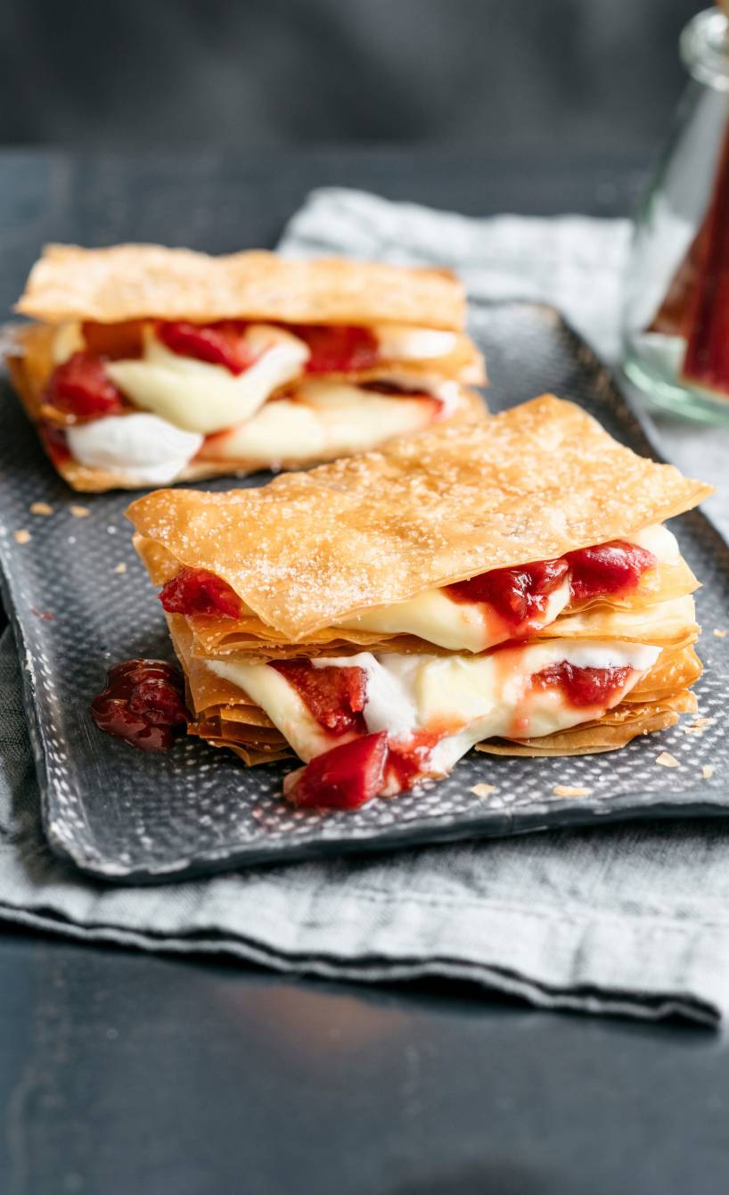 Zwei Rhabarber-Vanillecreme-Schnitten aus Filoteig auf einem Dessertteller