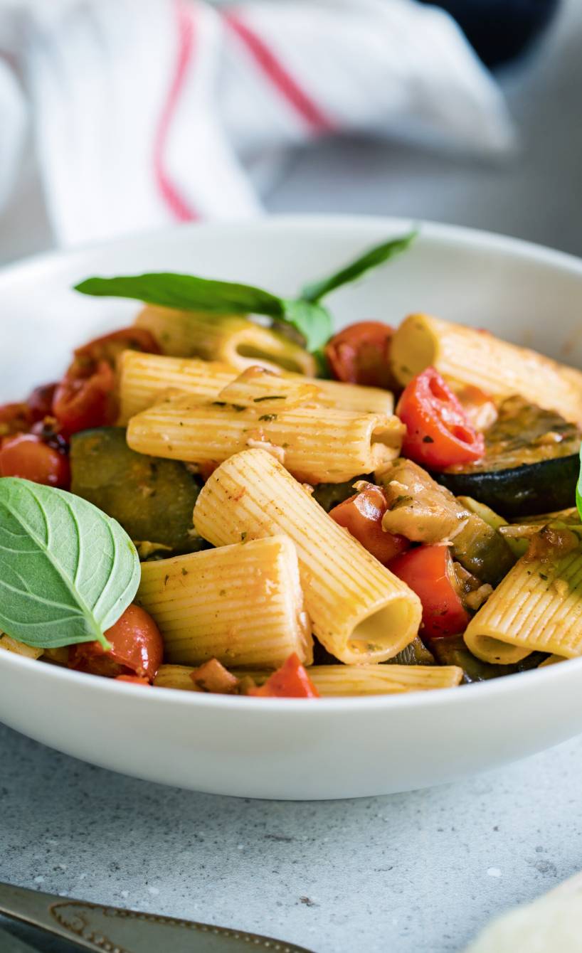 Rigatoni mit buntem Gemüseragout angerichtet auf einem tiefen Teller