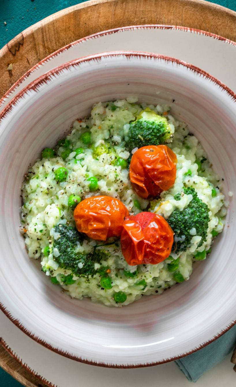 Risotto mit Brokkoli, Erbsen und Tomaten