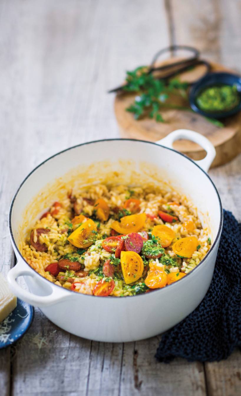 Risotto mit Salami und Tomaten