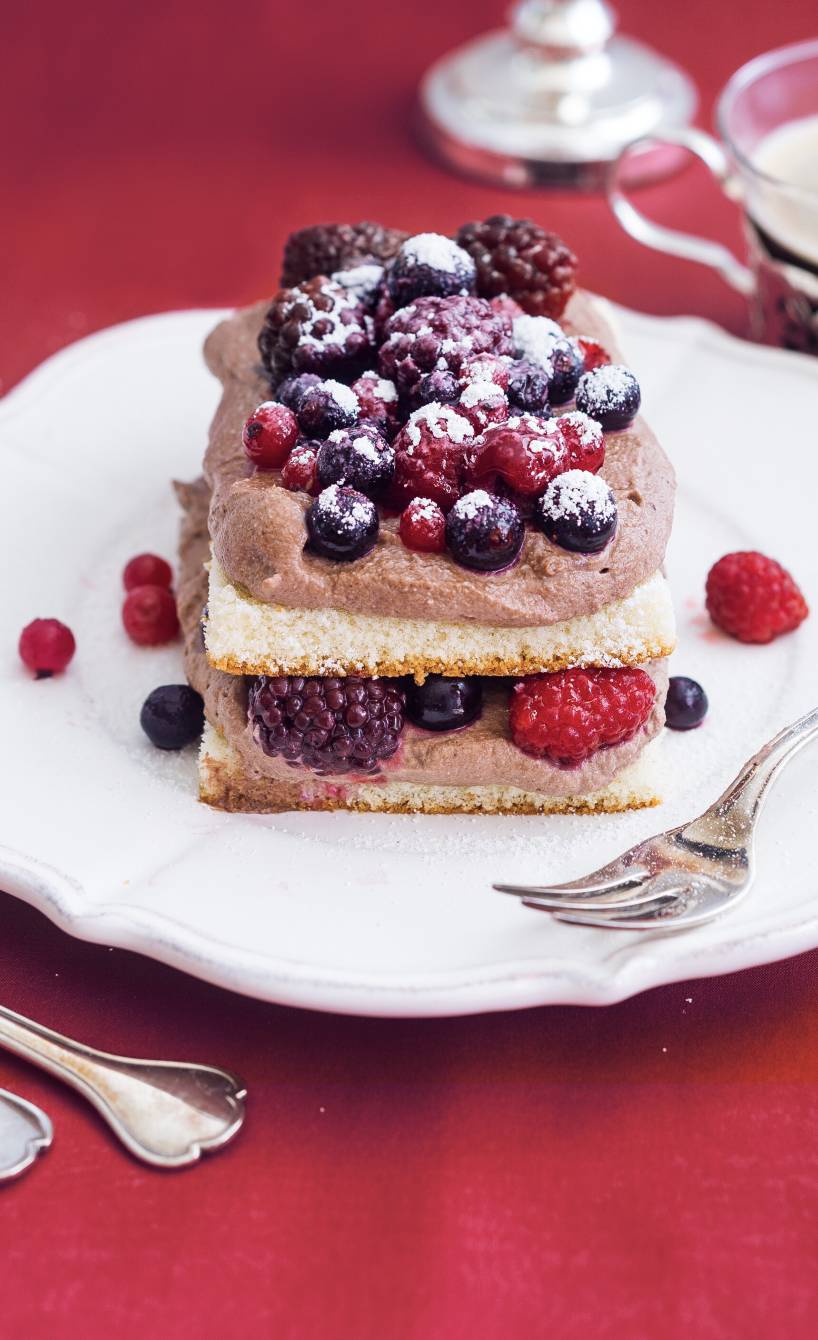 Ricotta-Schoko-Türmchen mit Biskuit & Beeren angerichtet auf einem Dessertteller bestäubt mit Puderzucker