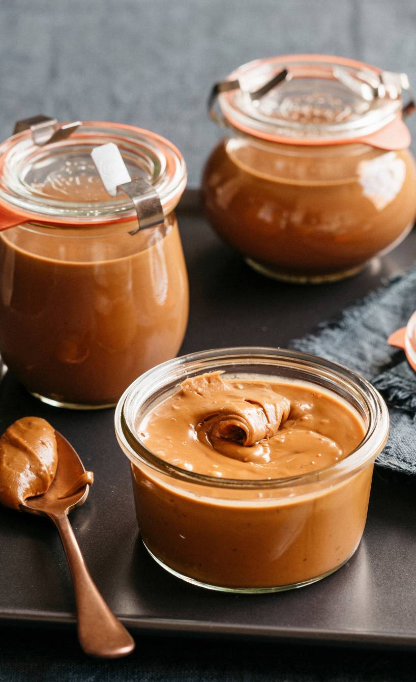 Selbstgemachter Haselnuss-Schoko-Aufstrich in mehreren Weckgläsern auf einem Tisch