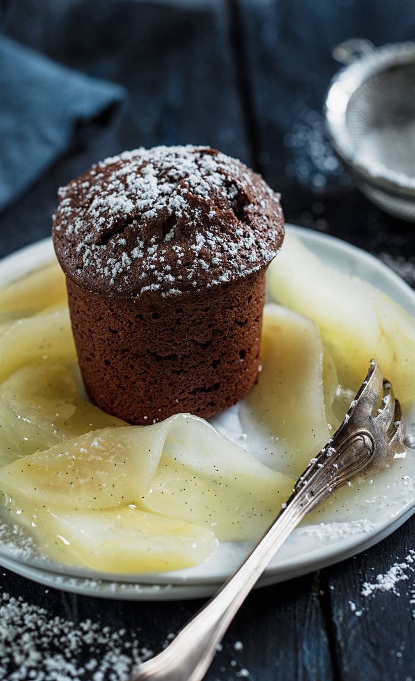 Schoko-Soufflé mit Vanille-Birnenkompott