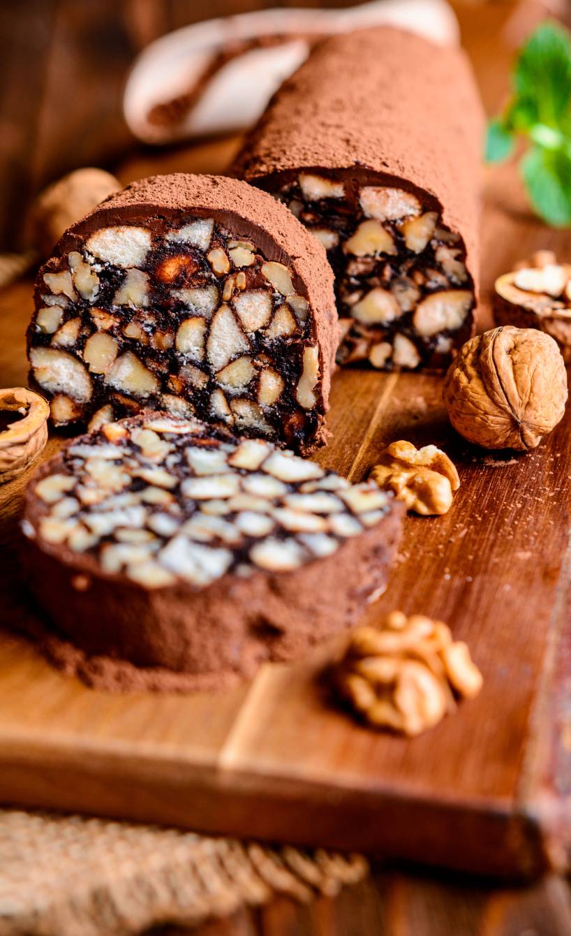 Selbstgemachte Keksrolle mit Kakao, Espresso & Walnuss angeschnitten auf einem Holzbrett