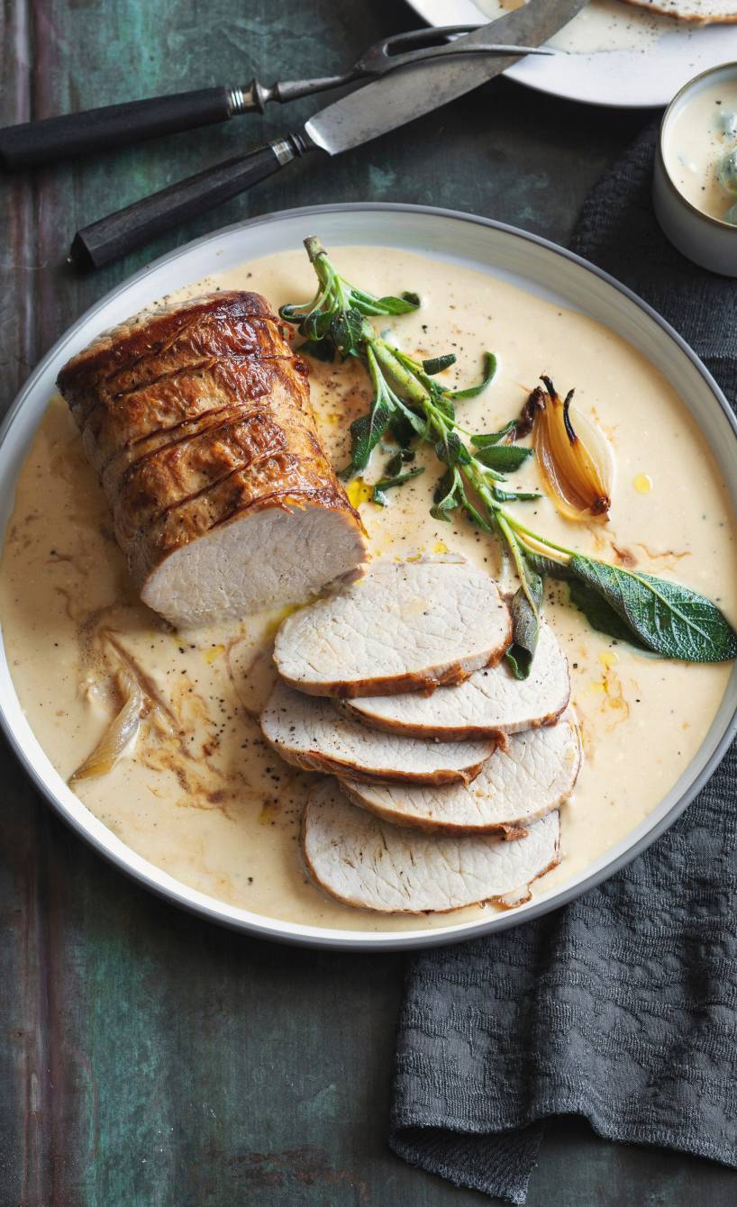 Braten aus Schweinefilet angeschnitten und angerichtet in Mascarpone-Sauce mit Salbeiblättern auf einer Servierplatte