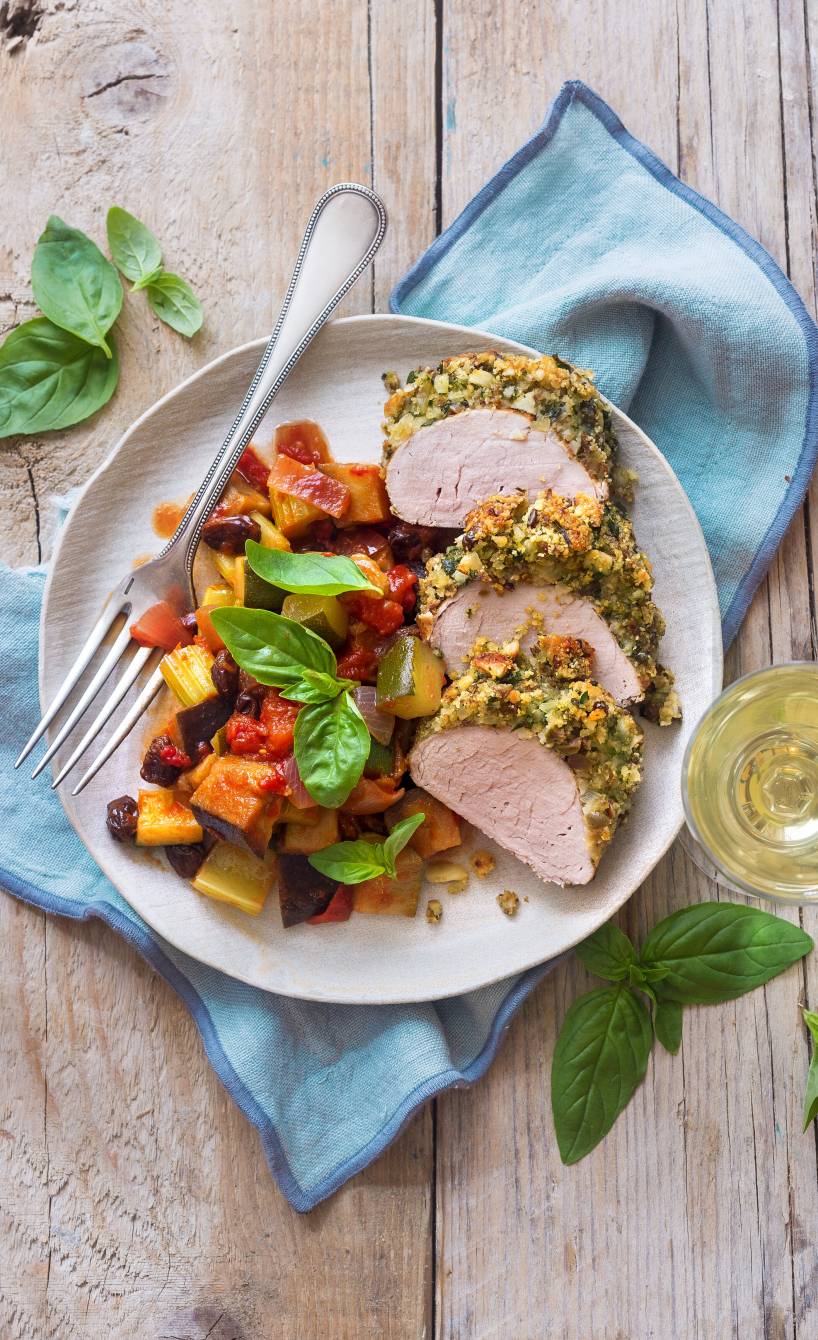 Schweinefilet mit Olivenhaube und Caponata