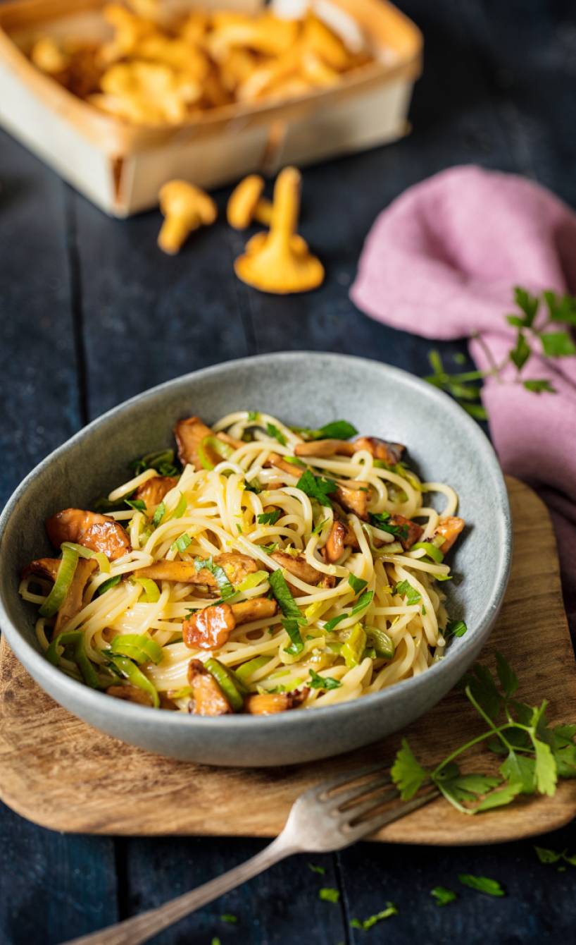 Spaghetti mit Lauch-Pfifferlings-Carbonara