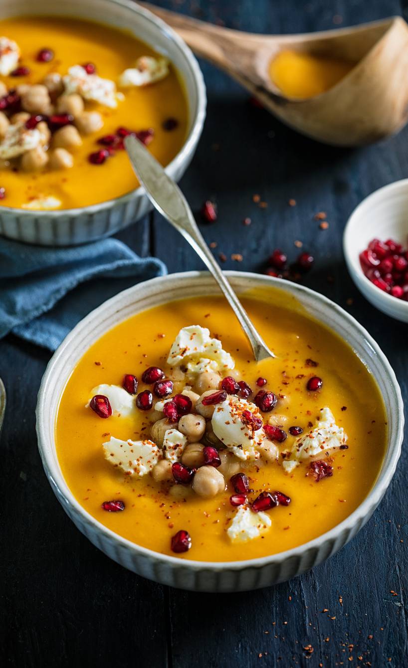 Süßkartoffelsuppe mit Kichererbsena uf zwei Suppentellern getoppt von Granatpfelkernen und Ziegenfrischkäse