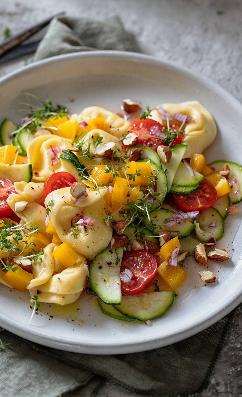 Tortellinisalat mit Gemüse und Mandeln Tortellinisalat mit Gemüse und Mandeln