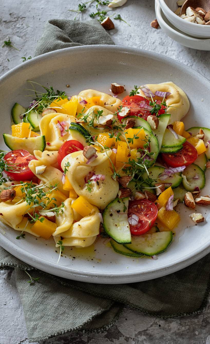 Tortellinisalat auf einem tiefen Teller getoppt mit frischer Kresse