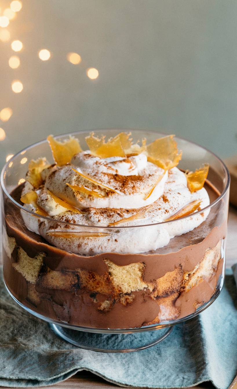 Trifle-Dessert in eine große Glasschale geschichtet mit Schokocreme, Pandoroschicht und Honigkaramell