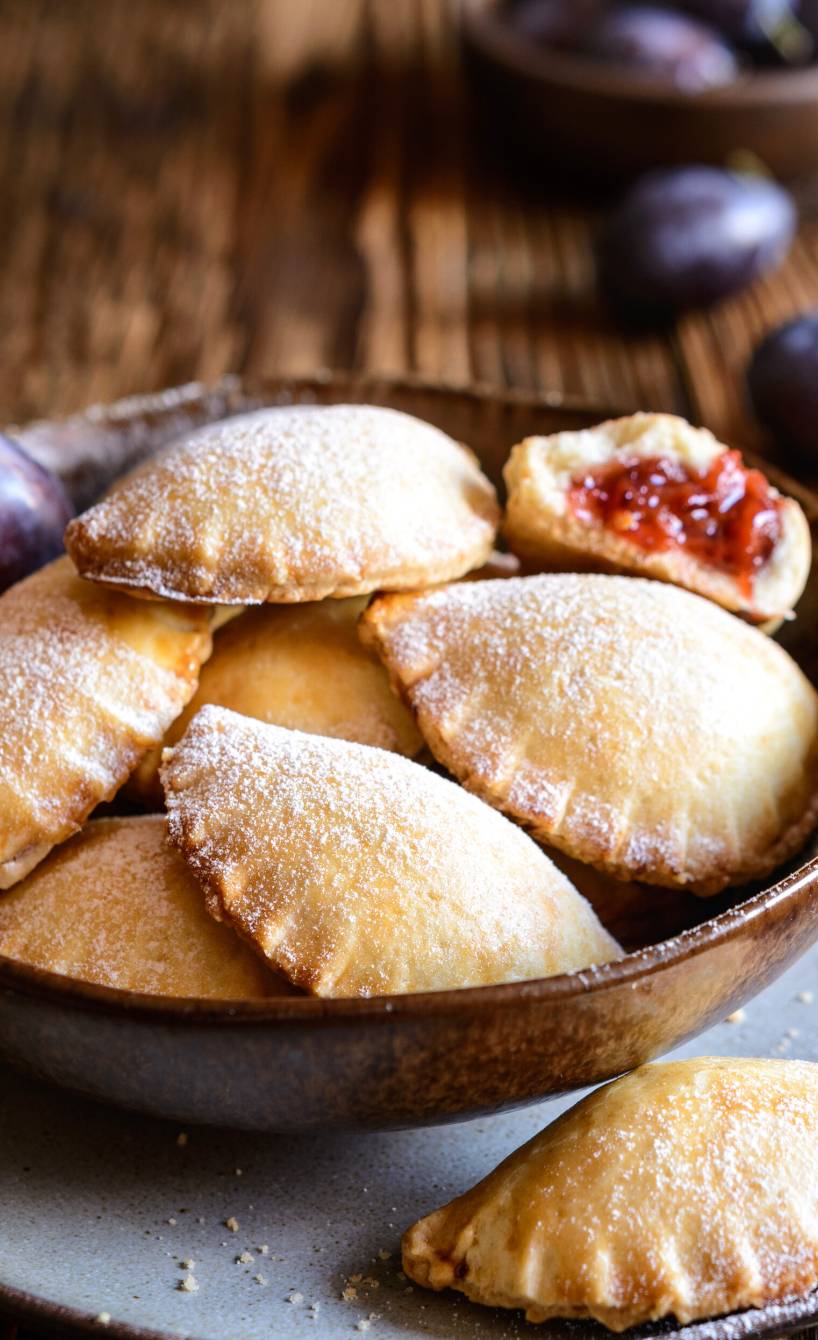Ravioliplätzchen in einer Schale, eines aufgebrochen, daneben Zwetschgen