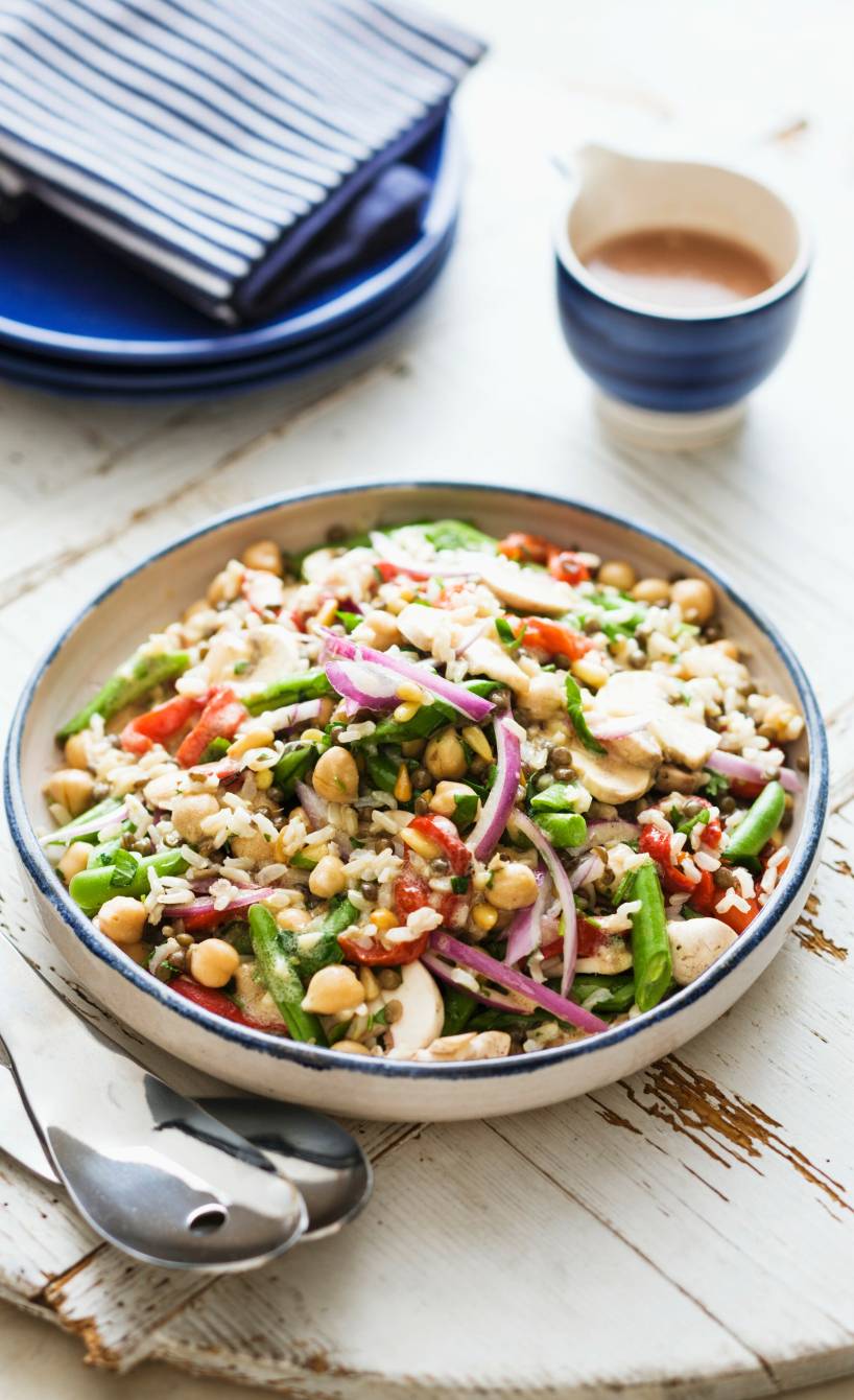 Veganer Reissalat mit Linsen, Kichererbsen und Gemüse