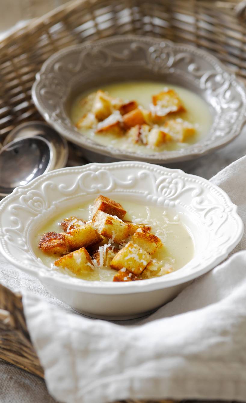 Weinsuppe mit Parmesan auf zwei Suppentellern getoppt von und Zimtcroûtons auf einem Weidentablett