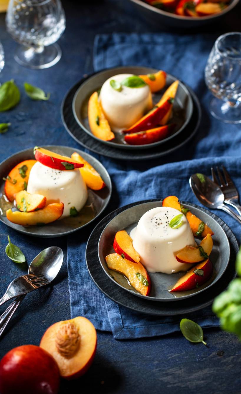 Zitronen-Pannacotta mit marinierten Basilikum-Nektarinen