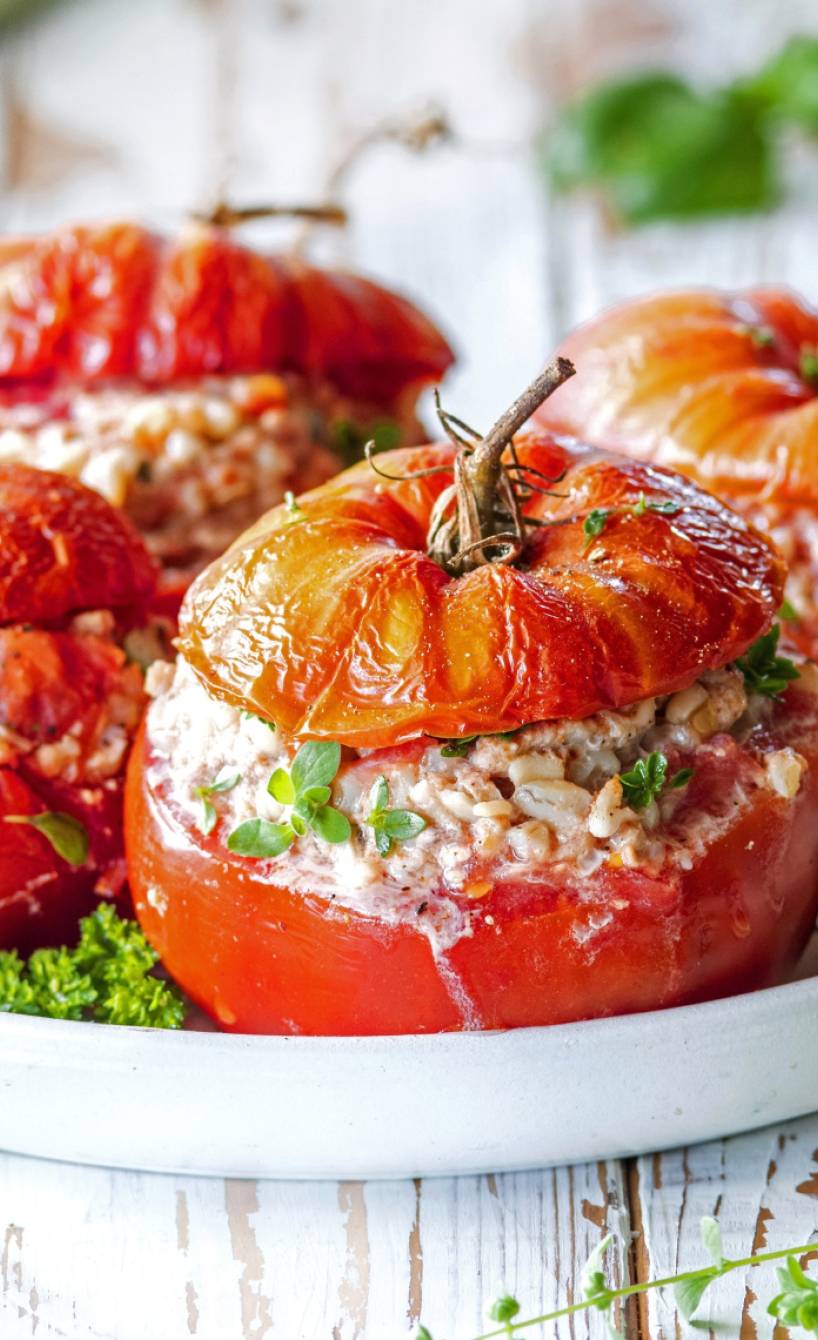 Gefüllte, gebackene ganze Tomaten auf einem Teller