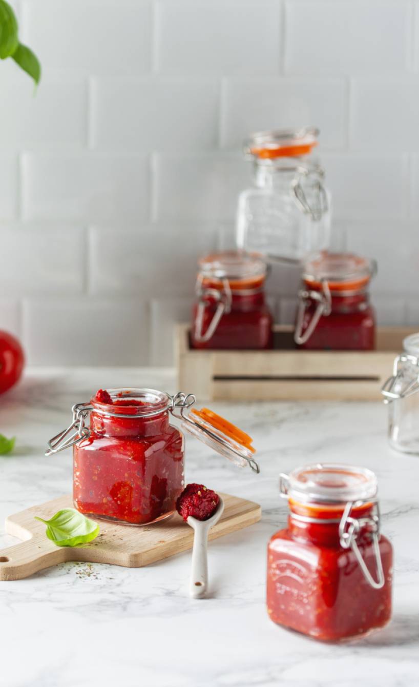 Tomatenmark in Einmachgläsern auf einem Tisch, daneben ein Topf mit Basilikum
