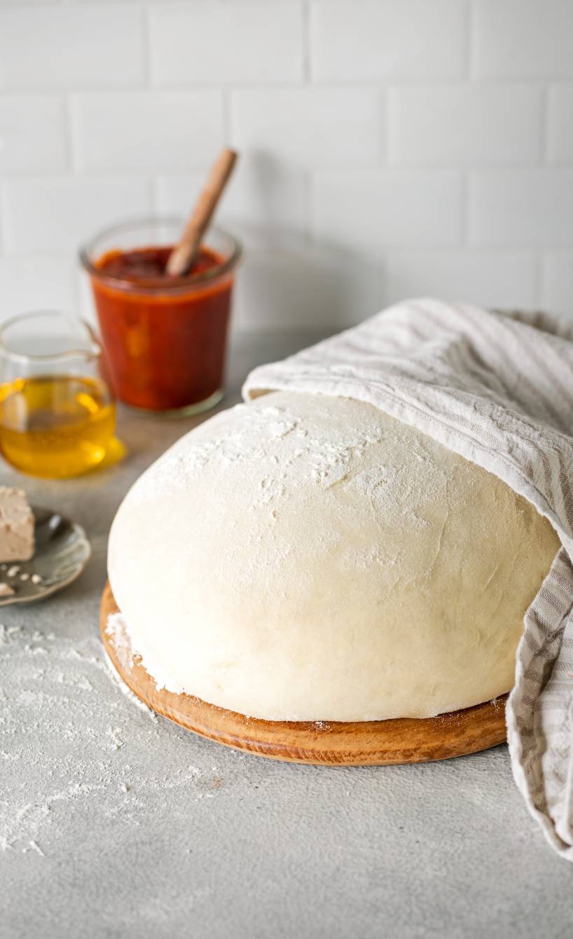 Pizzateig als Kugel geformt und bemehlt auf einem Holzbrett, daneben Olivenöl und frische Hefe