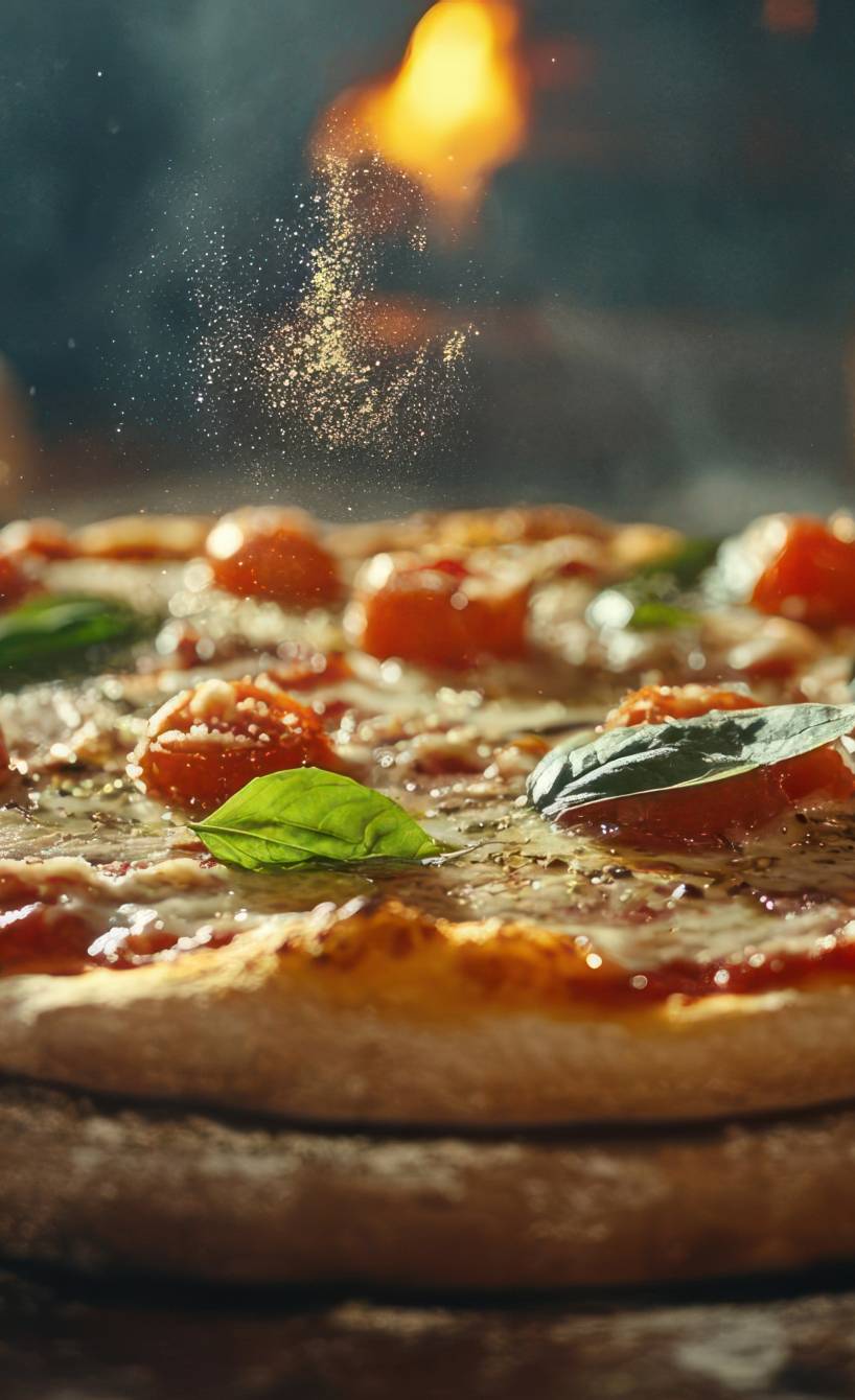 Pizza Margherita auf Holzbrett mit Zutaten und Holzofen im Hintergrund