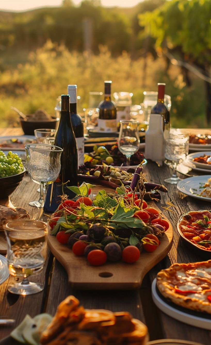 Esstisch mit italienischen Gerichten und verschiedenen Weinen inmitten von Weinreben