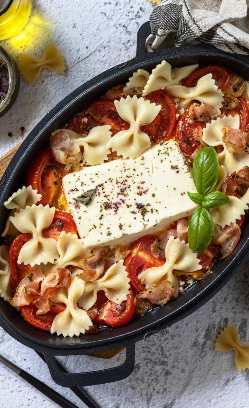 Baked Feta Pasta in einer ovalen Auflaufform auf einem Tisch