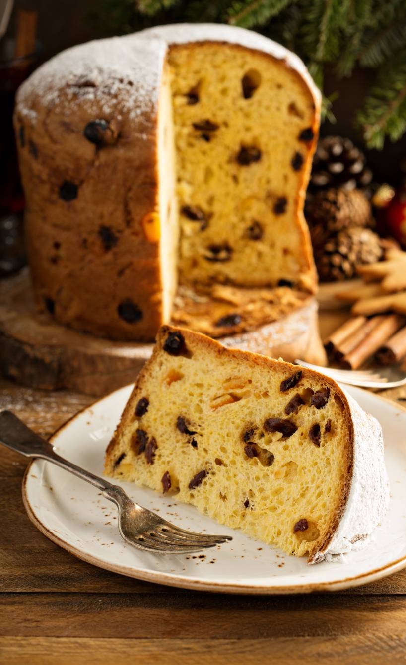 Panettone angeschnitten auf einem Teller, davor ein Stück in Nahaufnahme