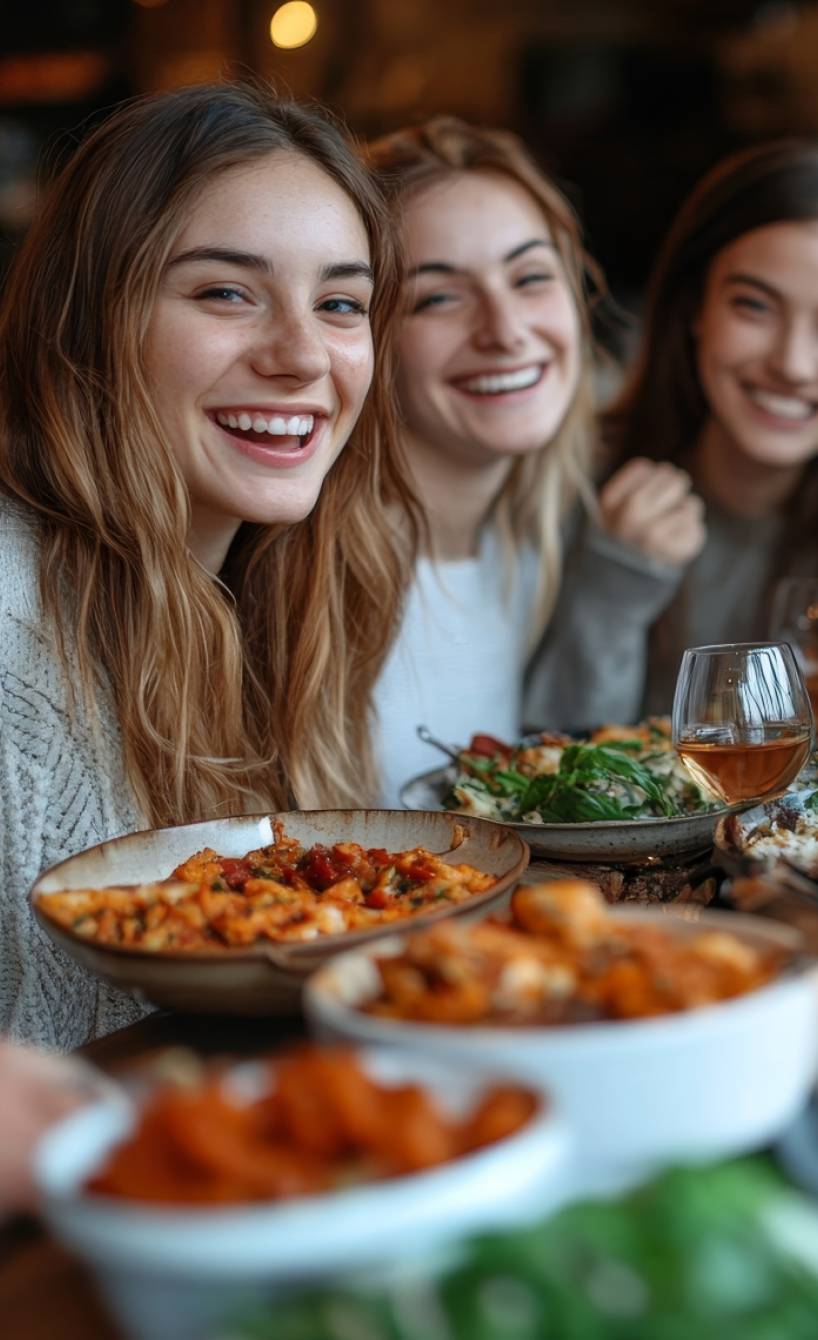 Freunde sitzen an einem mit italienischen Gerichten gedeckten Tisch und lächeln in die Kamera