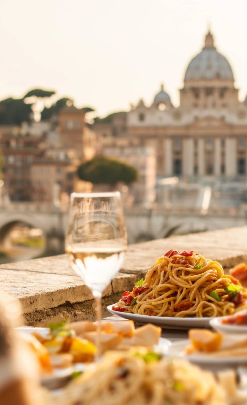 Zwei Frauen genießen ein Pastagericht, dahinter die Skyline von Rom