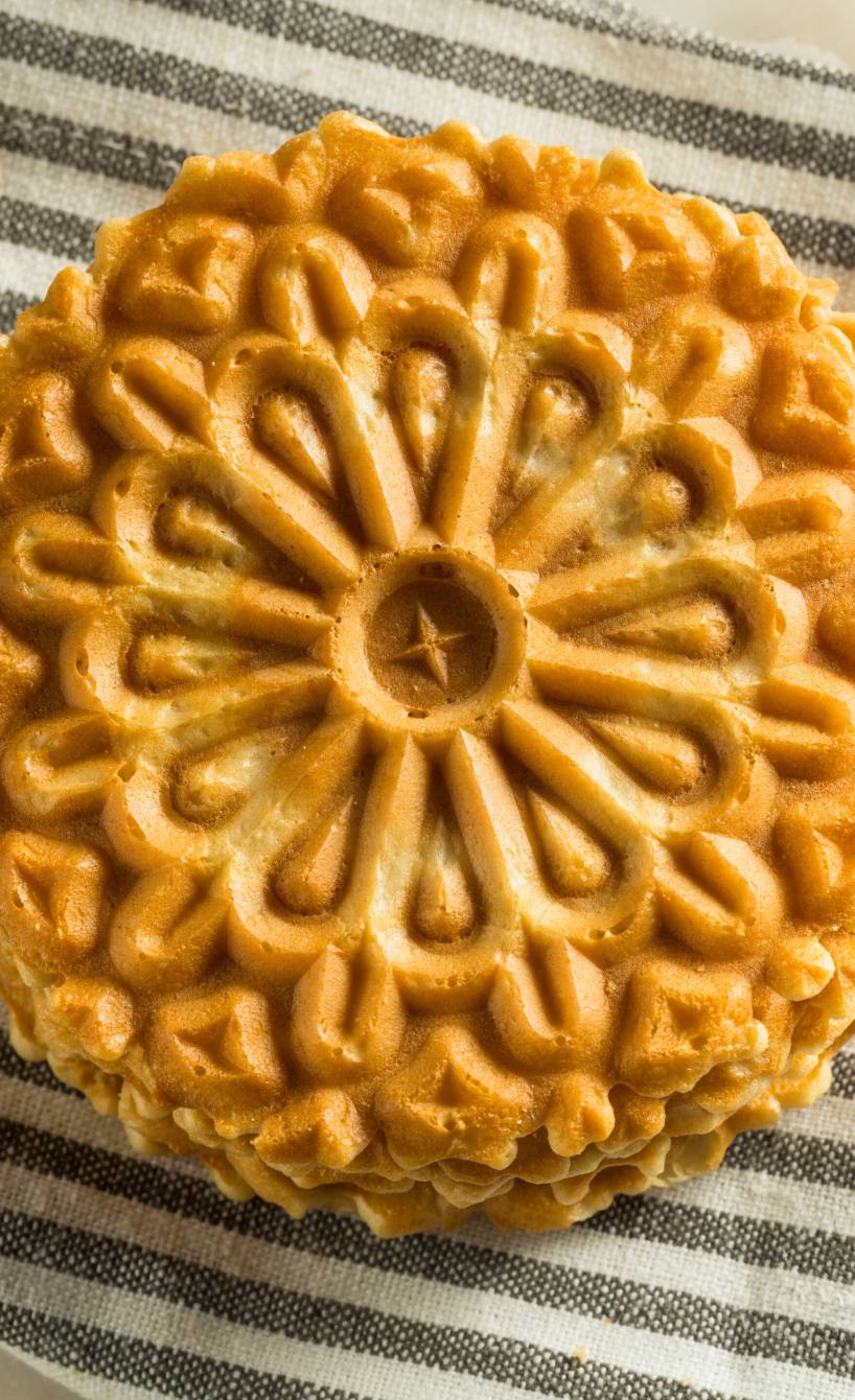 Pizzelle-Waffeln gestapelt von oben auf einem Tisch mit Tischdecke