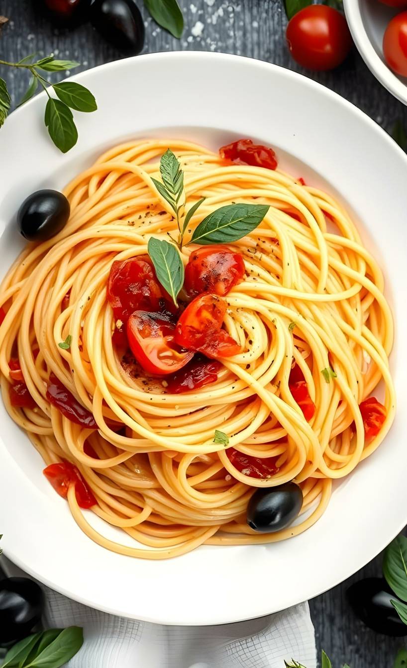 Spaghetti Calabrese auf einem runden Teller garniert mit Basilikum und Oliven