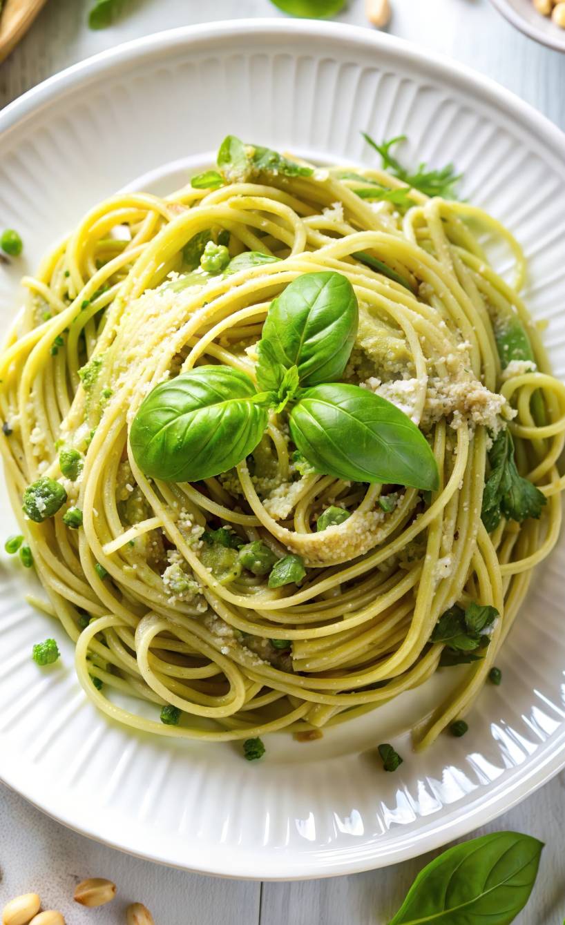Trenette al Pesto eingedreht und leicht aufgetürmt auf einem weißen Teller, daneben grünes Pesto