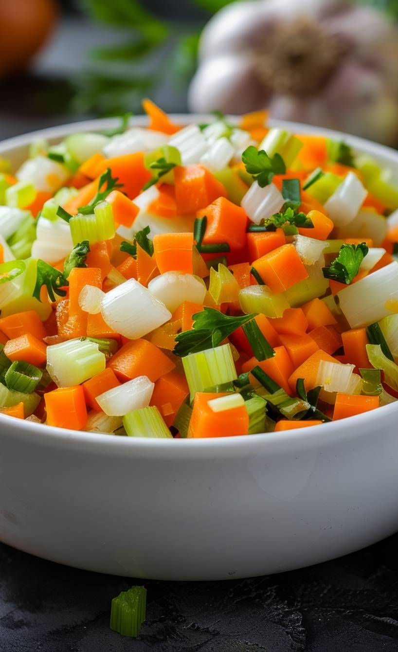 Gemüsezubereitung für italienisches Sofritto in einer Schale, daneben Karotten und andere Gemüse