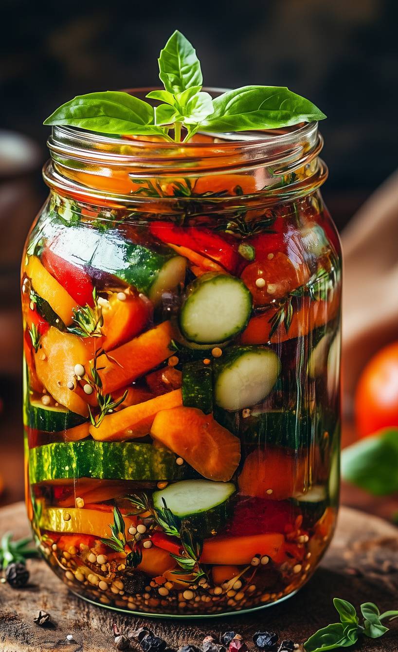 Eingelegtes Antipasti-Gemüse in einem Weckglas Glas, dekoriert mit frischem Basilikum auf einem Holzbrettchen