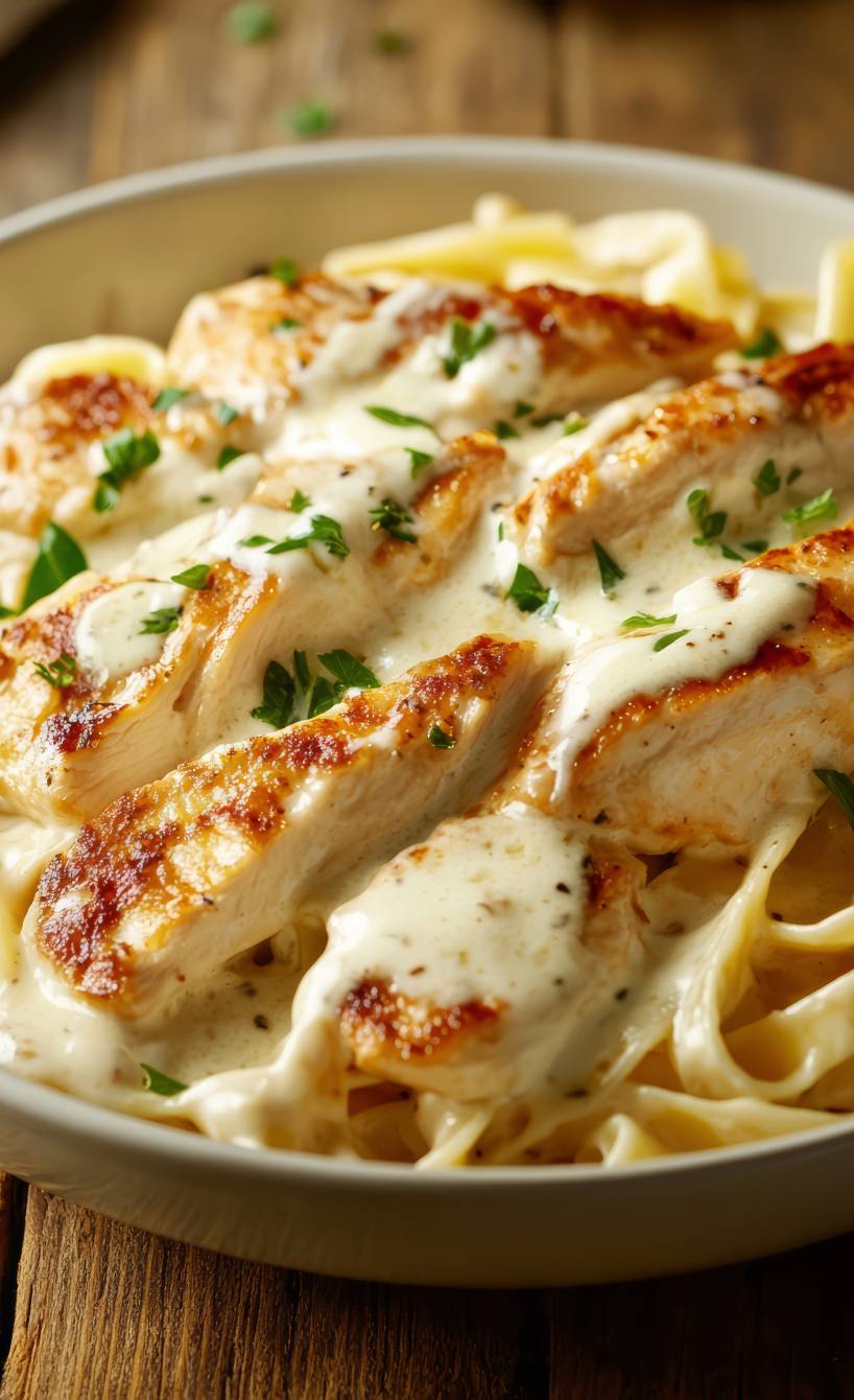 Chicken Pasta auf einem weißen Teller getoppt mit Alfredo-Sauce und frischer Petersilie