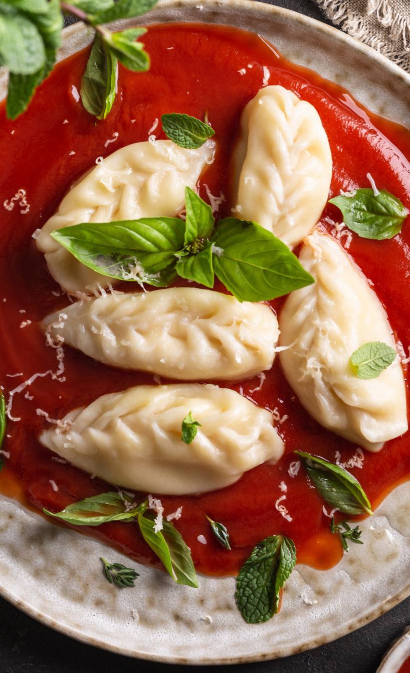 Culurgiones auf einem Teller mit Tomatensauce angerichtet und mit frischem Basilikum und Minze garniert