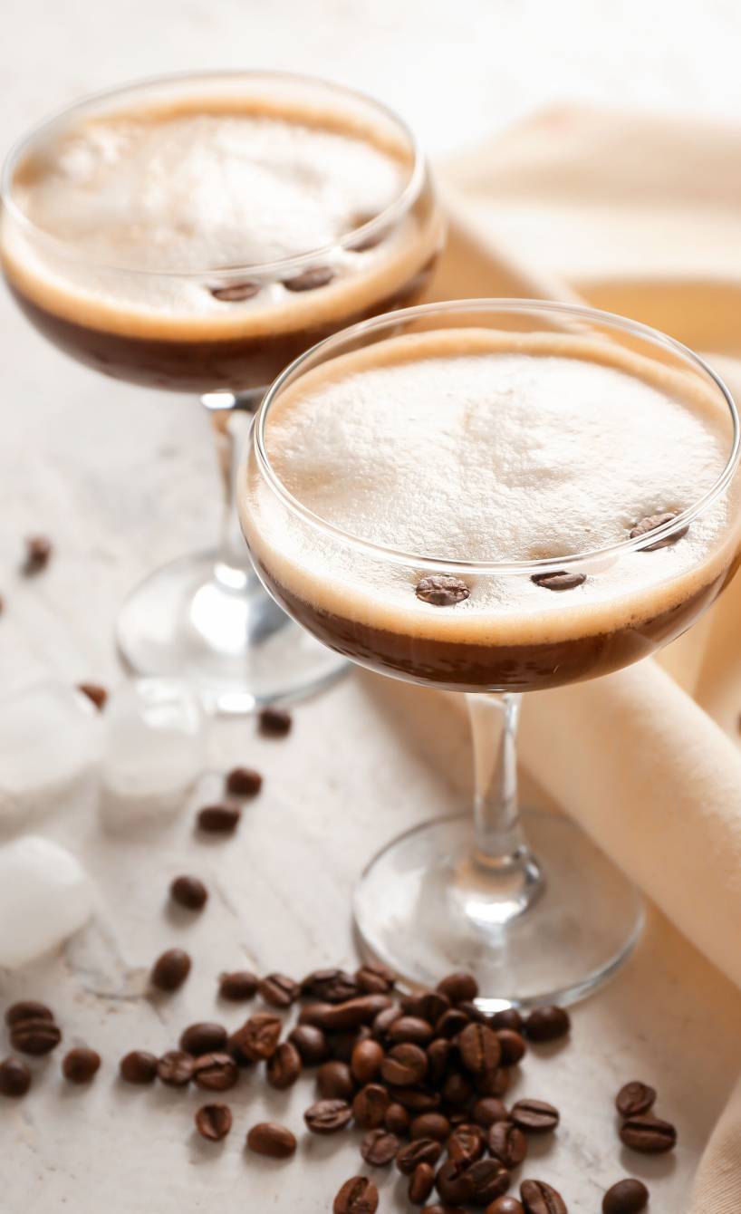 Espresso Martini in zwei Champagnergläsern auf einem Tisch, daneben Kaffeebohnen und Eiswürfel