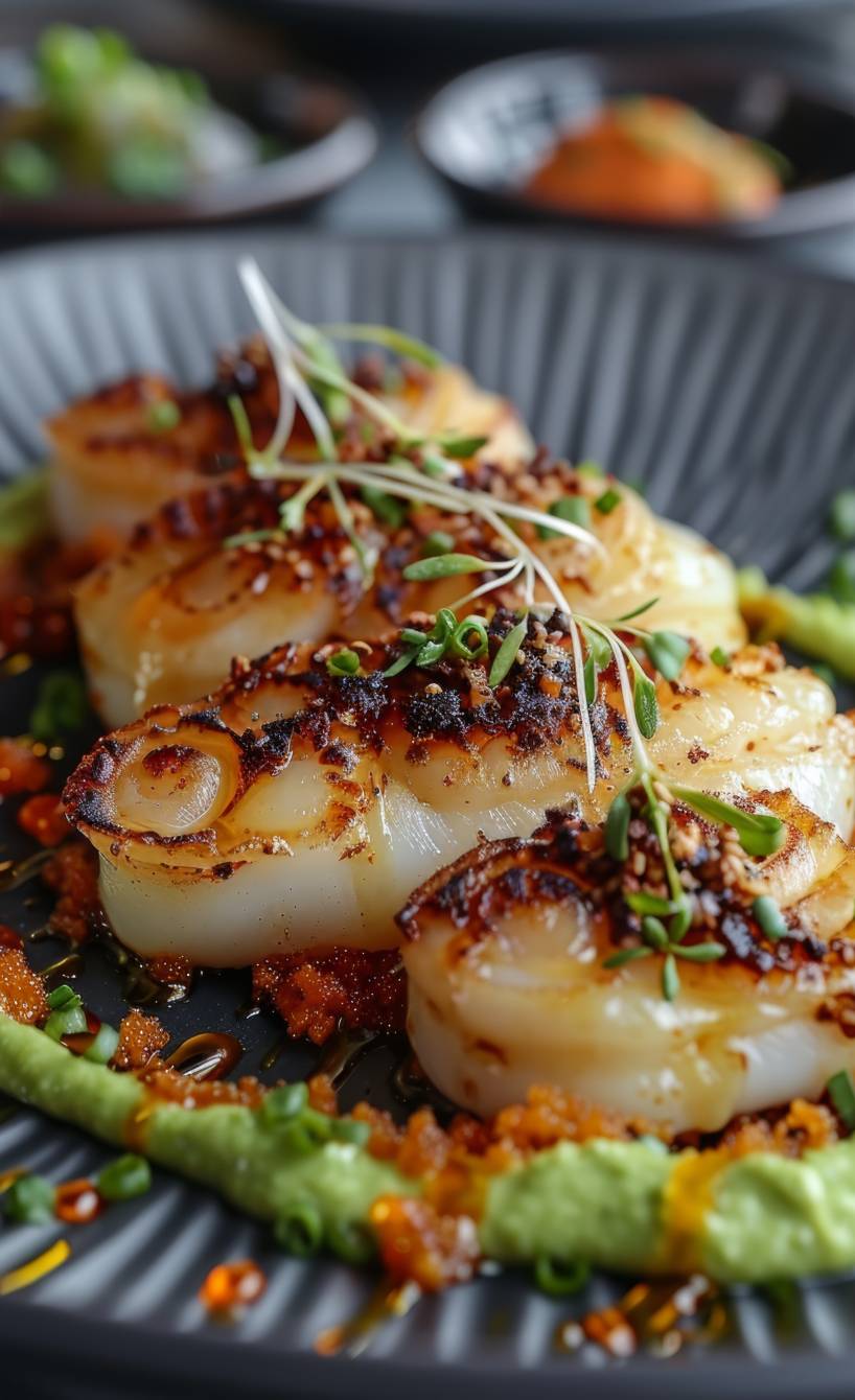Gebratene Jakobsmuscheln auf einem Vorspeisenteller angerichtet mit Avocadocreme, Fischrogen und frischen Kräutern