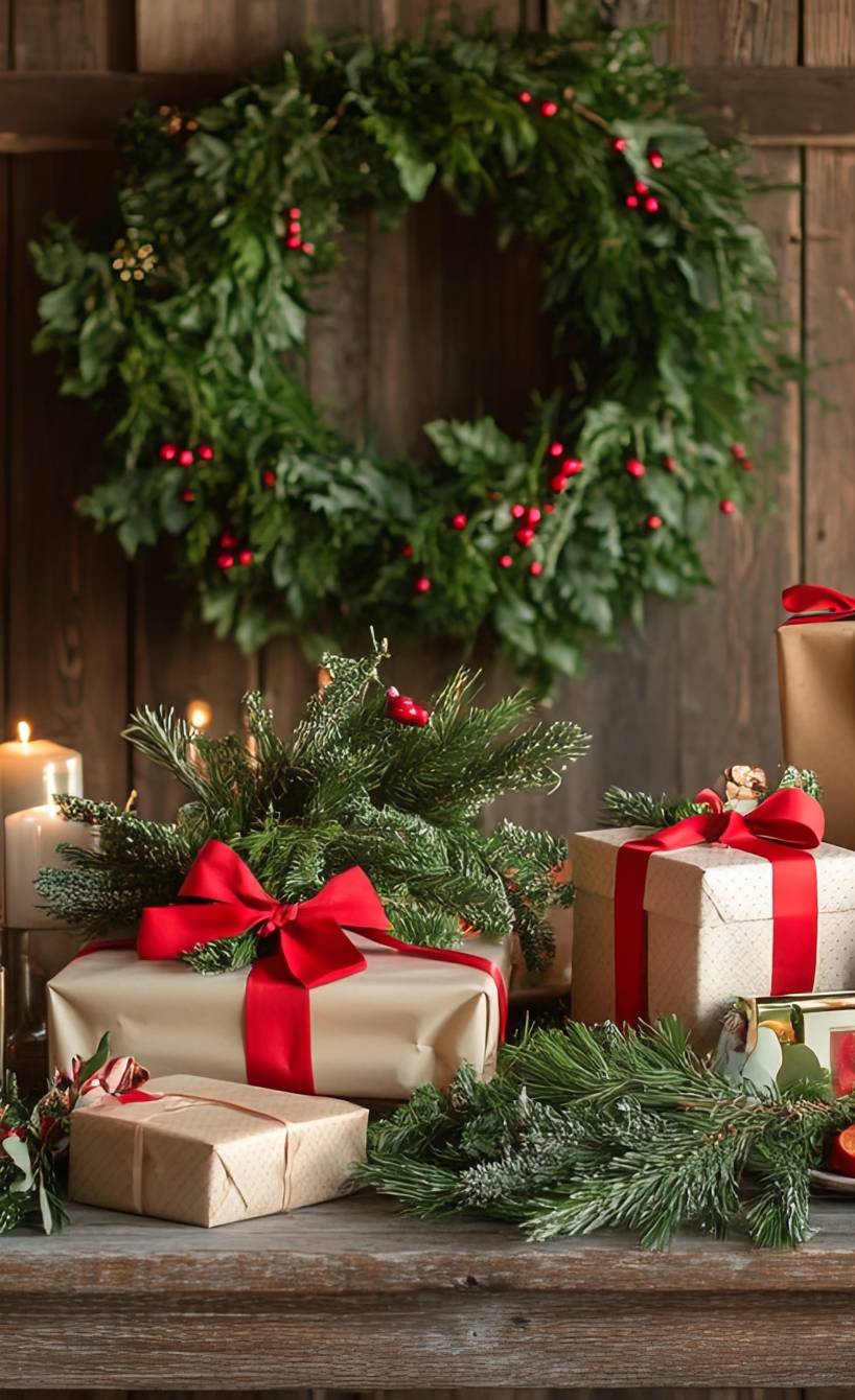 Weihnachtsdekoration auf einem Holztisch in einem Wohnzimmer in Italien