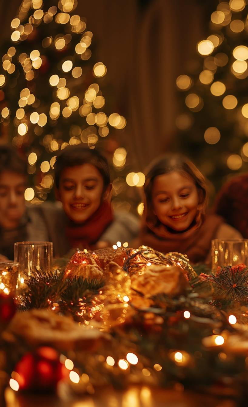 Eine Familie sitzt um einen Tisch an Weihnachten