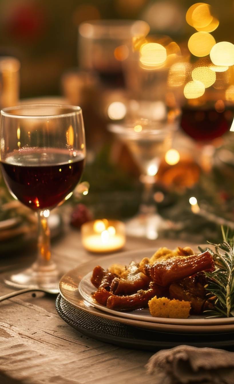 Tisch an Silvester mit zahlreichen Speisen und Deko
