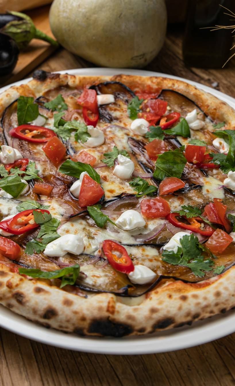 Runde Pizza Melanzane auf einem Pizzateller, daneben Auberginen auf einem Holztisch